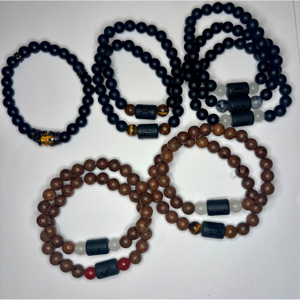 10 Natural Wood Stone Stretch Bracelet Lot Zodiac Signs Matte Black Beads Crown